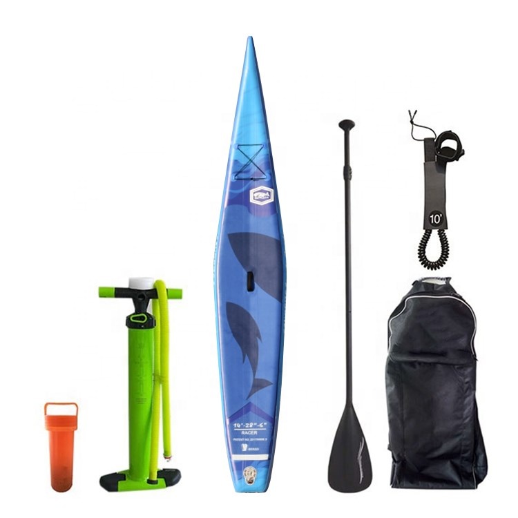 Complete half V-hull full-print race SUP paddleboard kit with pump, paddle, and travel backpack