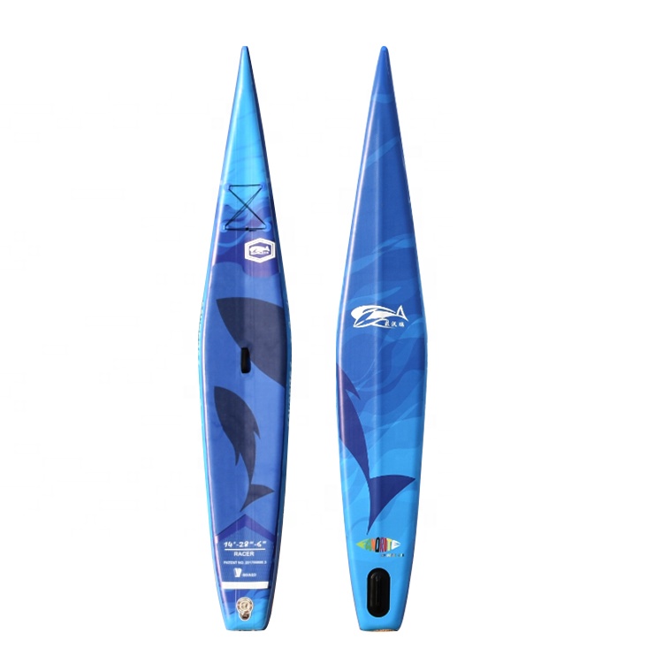 Front and back view of blue half V-hull full-print race inflatable SUP paddleboard
