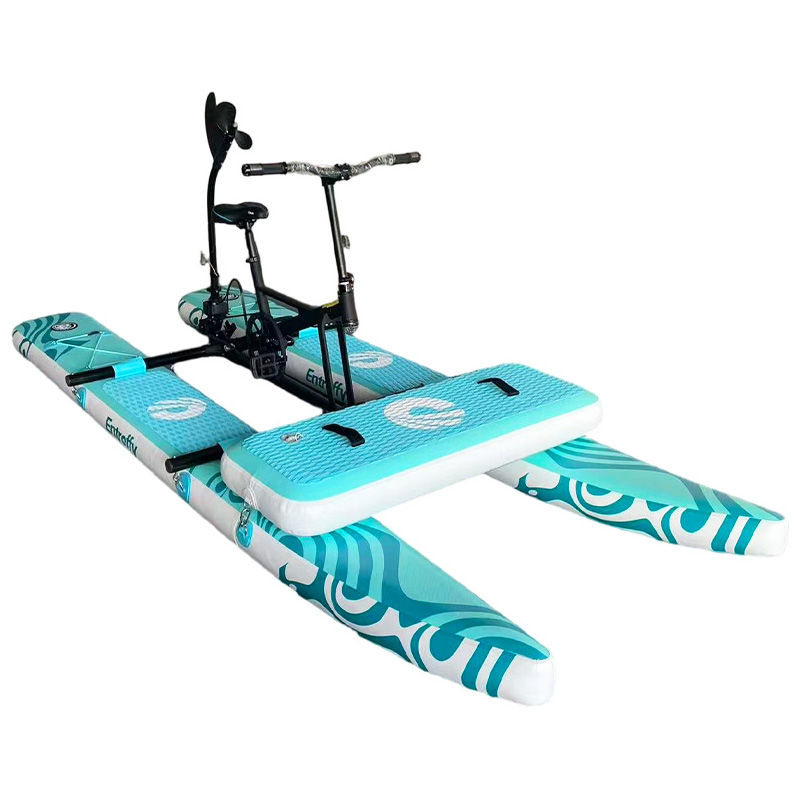 Inflatable hydrobike (water bike) in left side view, featuring a dual-float design and aqua blue wave pattern on white background