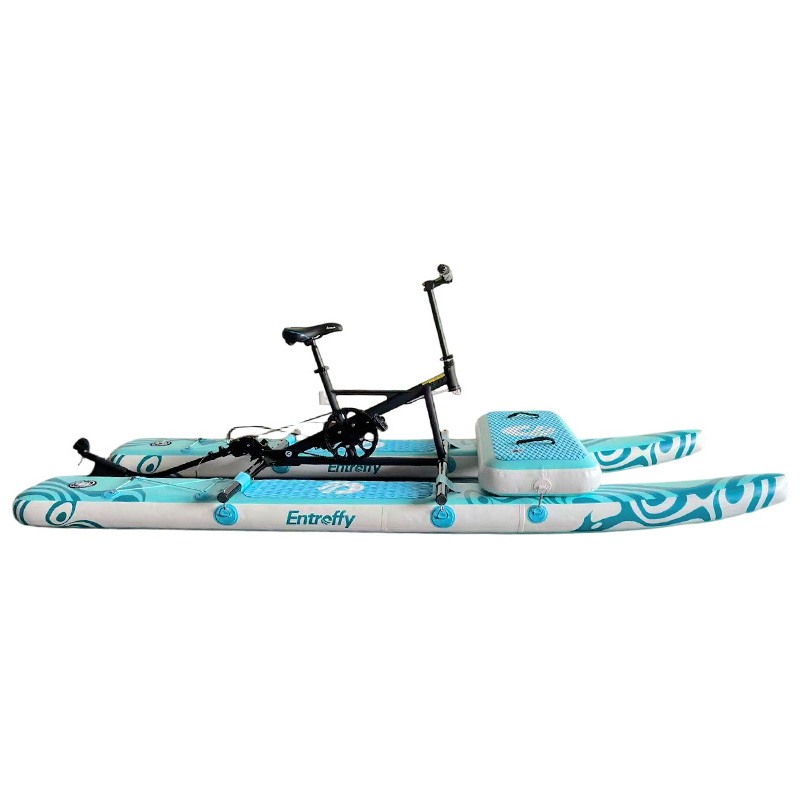 Inflatable hydrobike (water bike) in low-profile side view, showing floating position and aqua blue wave pattern on white background