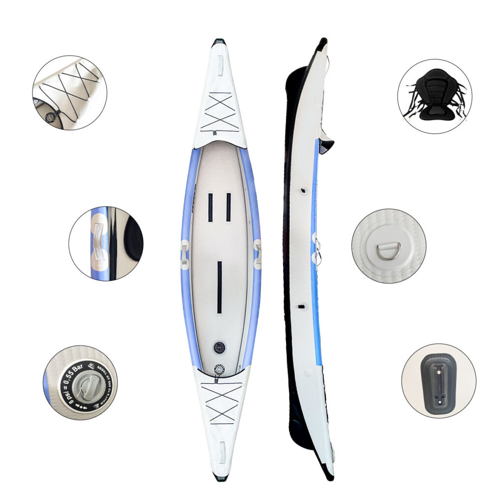 Inflatable kayak components and repair kit, including air valve, pressure gauge, patch kit, and inflation nozzle on white background