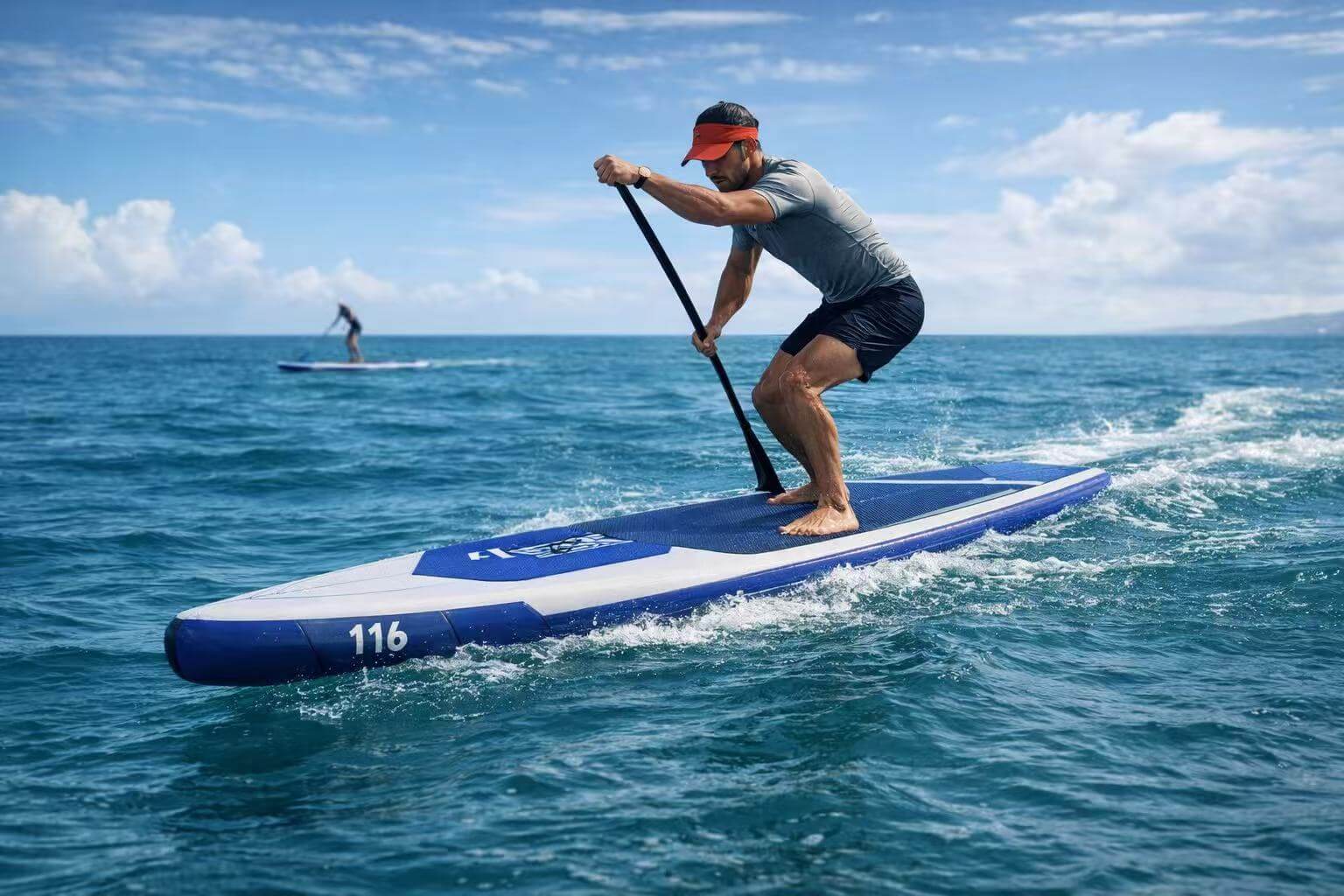 Inflatable V-shape racing SUP board design on water
