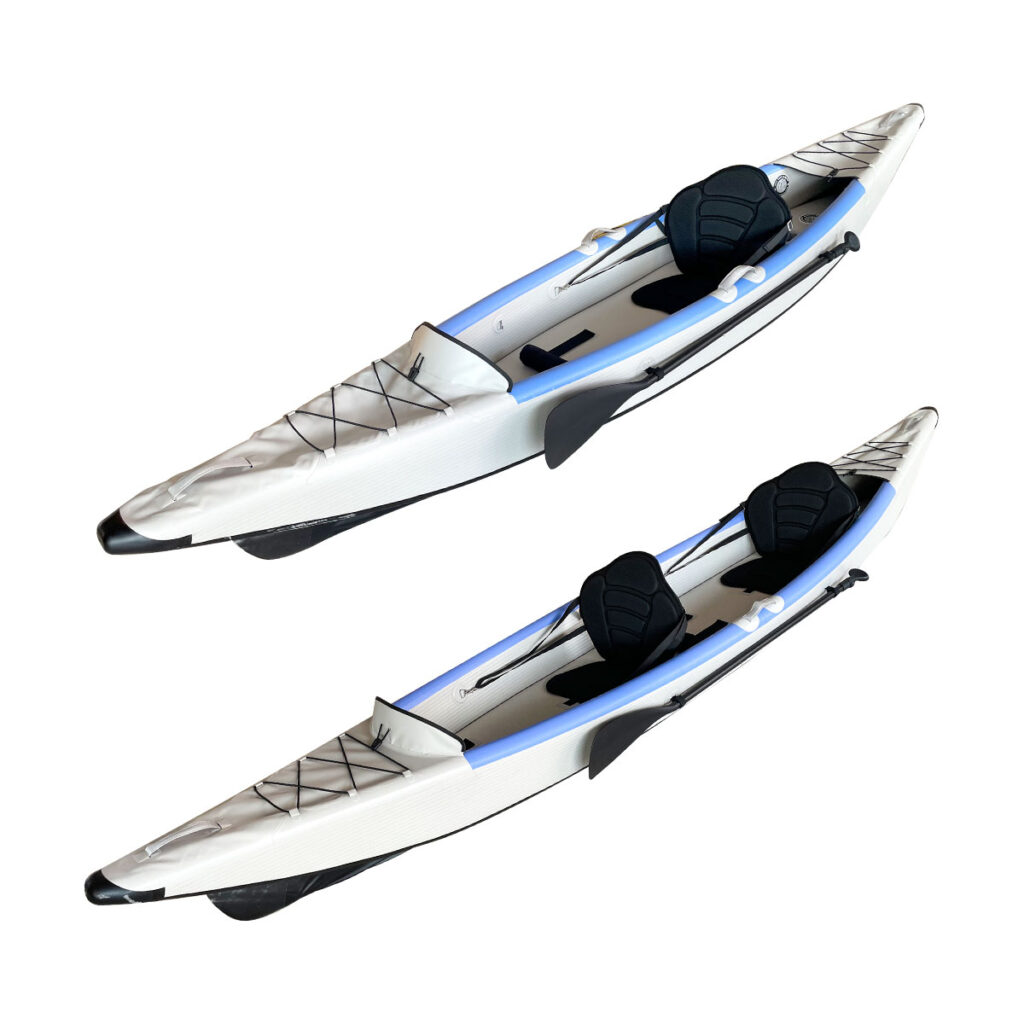 Two inflatable touring kayaks displayed side by side on a white background, showcasing sleek dual kayak design