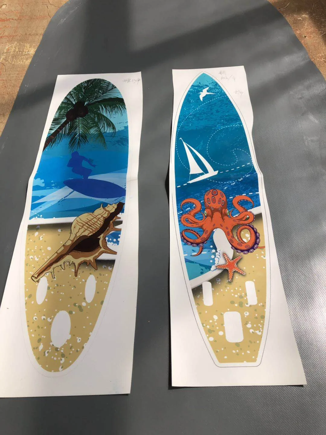 Custom printed inflatable SUP boards with palm tree and sand beach design